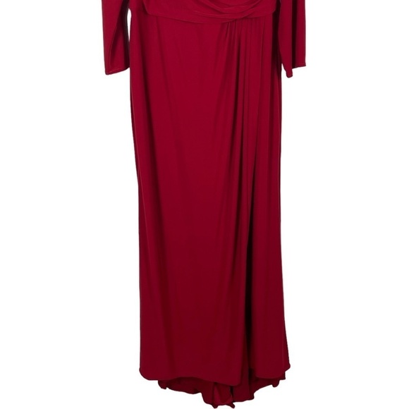 LA FEMME 29044 RED LONG SLEEVE STRETCH FAUX WRAP SURPLICE THIGH HIGH SLIT GOWN - Picture 6 of 14